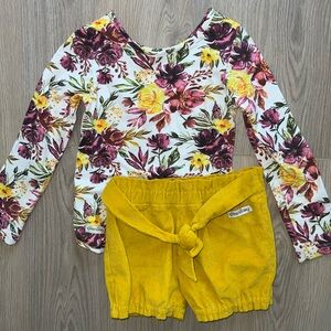 Sew sassy Floral Long Sleeve body suit and Yellow Shorts Set